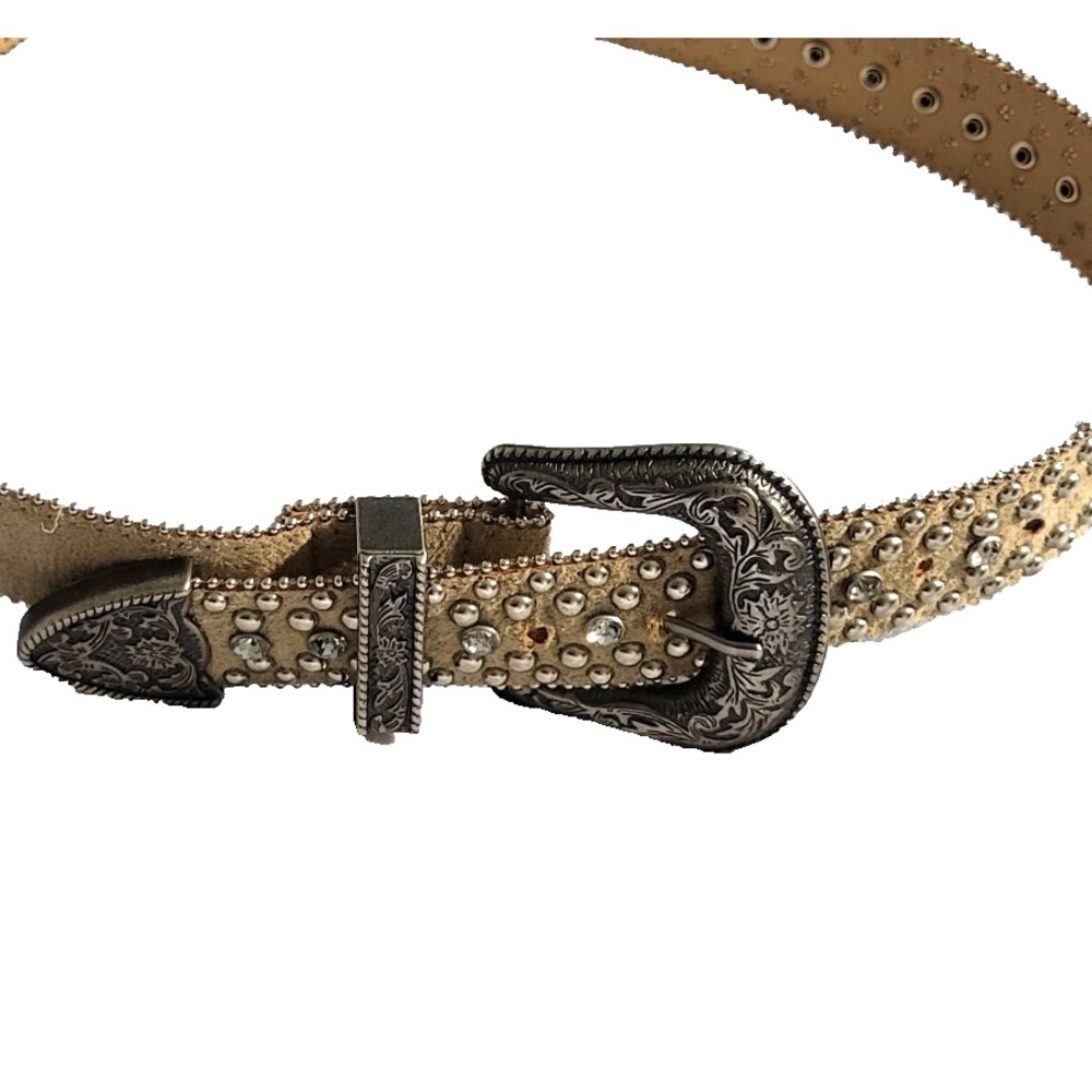 GUESS Western Rhinestone Studded Faux Leather Belt Womens Small S Beige Cowgirl